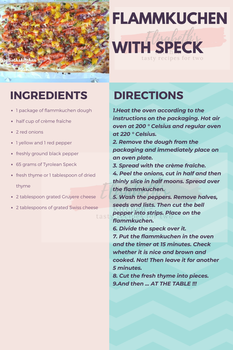 Recept voor flammkuchen met ingrediënten en bereidingswijze, kleurrijke tekstvakken en een foto van het eindresultaat.