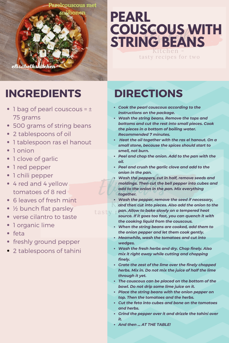 Recept voor parelcouscous met sperziebonen, inclusief ingrediënten en bereidingswijze.