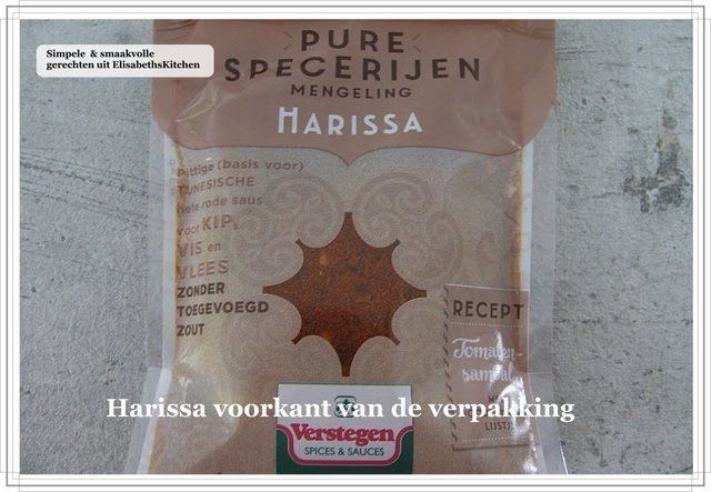 Harissa spice package, brown and white colors, with text