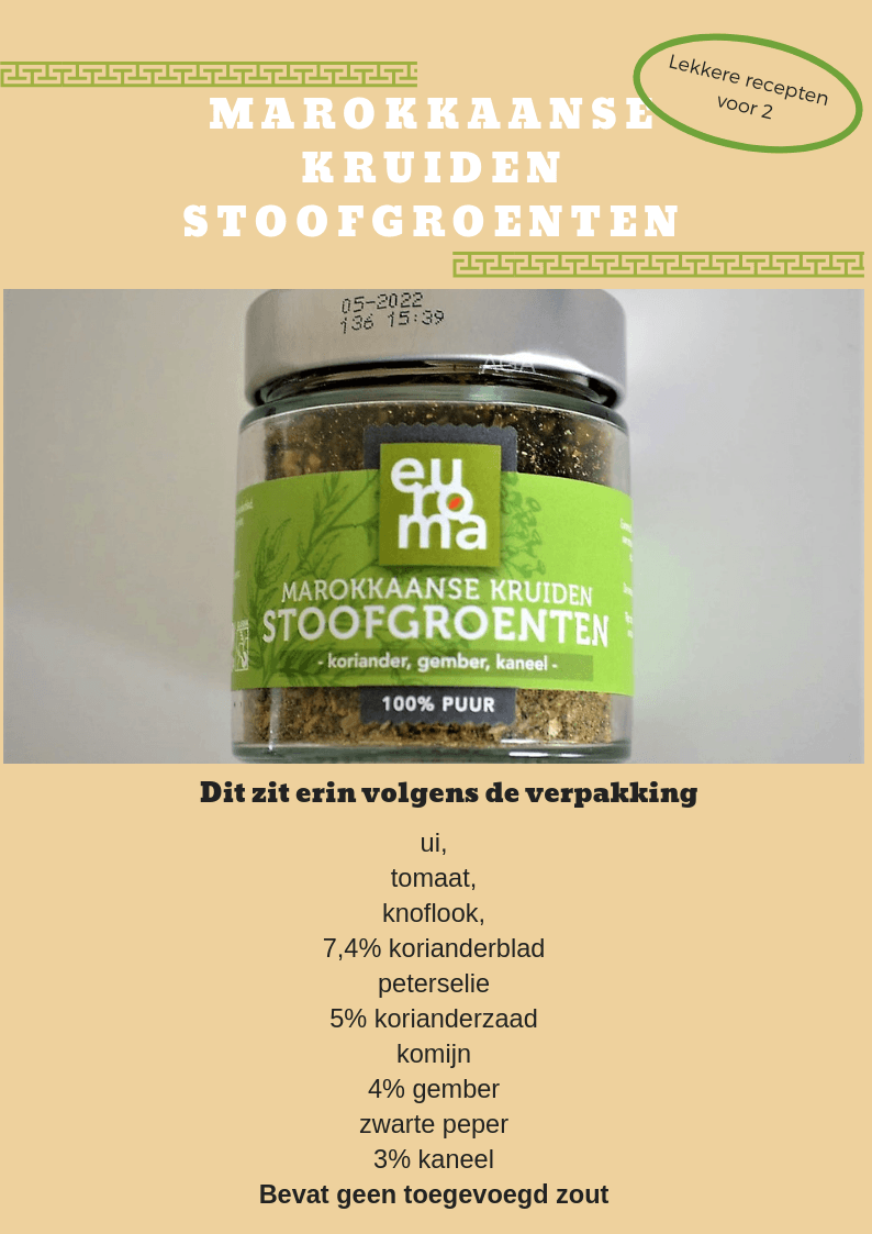 Potje Marokkaanse kruiden voor gestoofde groenten. De tekst beschrijft de ingrediënten.