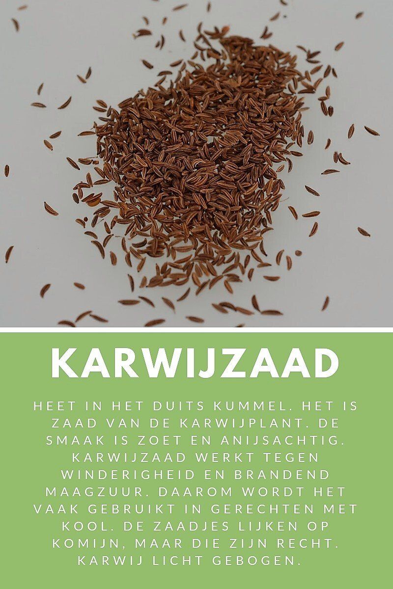Een hoop bruine karwijzaadjes met daaronder Nederlandse tekst.