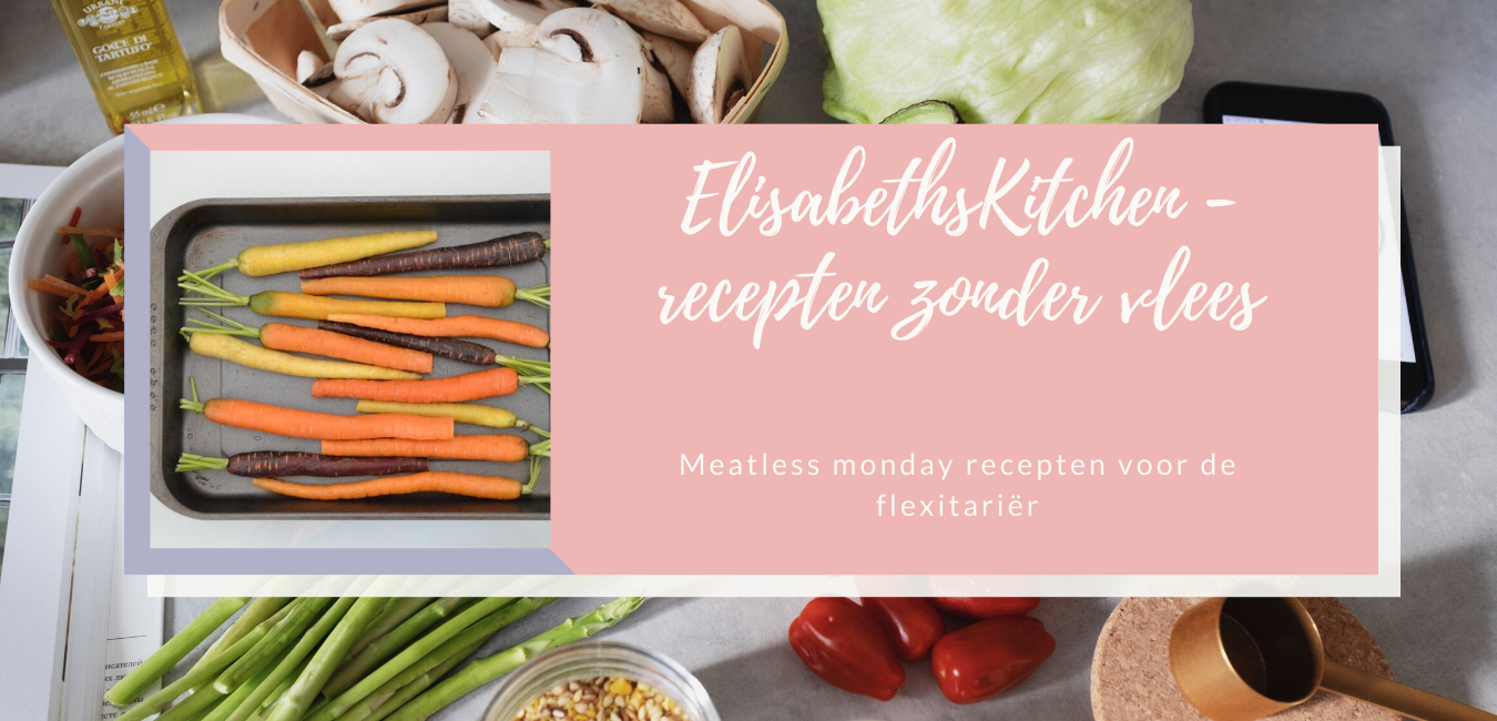 Geroosterde wortels op een schaal, omringd door groenten en ingrediënten. Tekstoverlay: