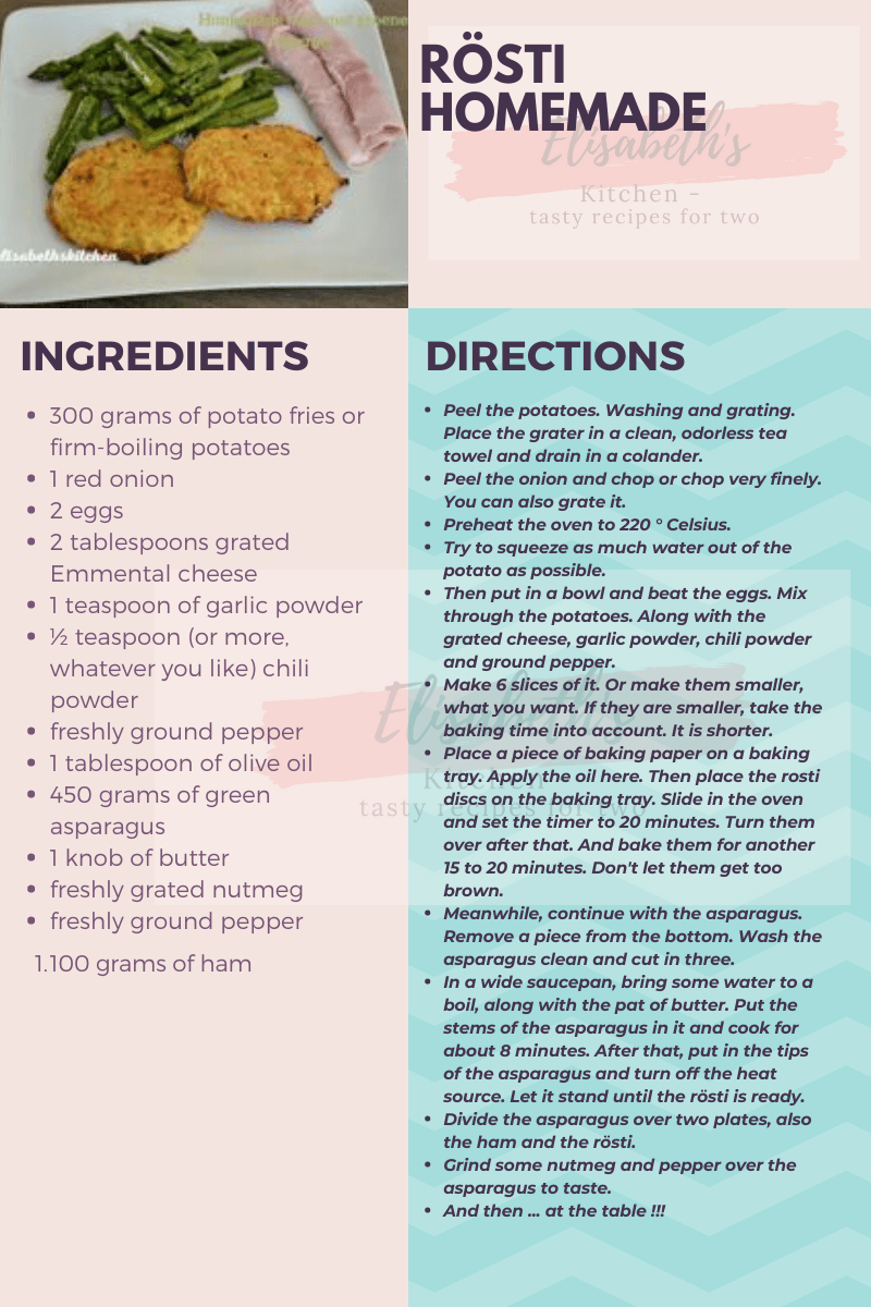 Rösti-recept: Ingrediënten en bereidingswijze op een folder; inclusief gekookte rösti, asperges en ham.