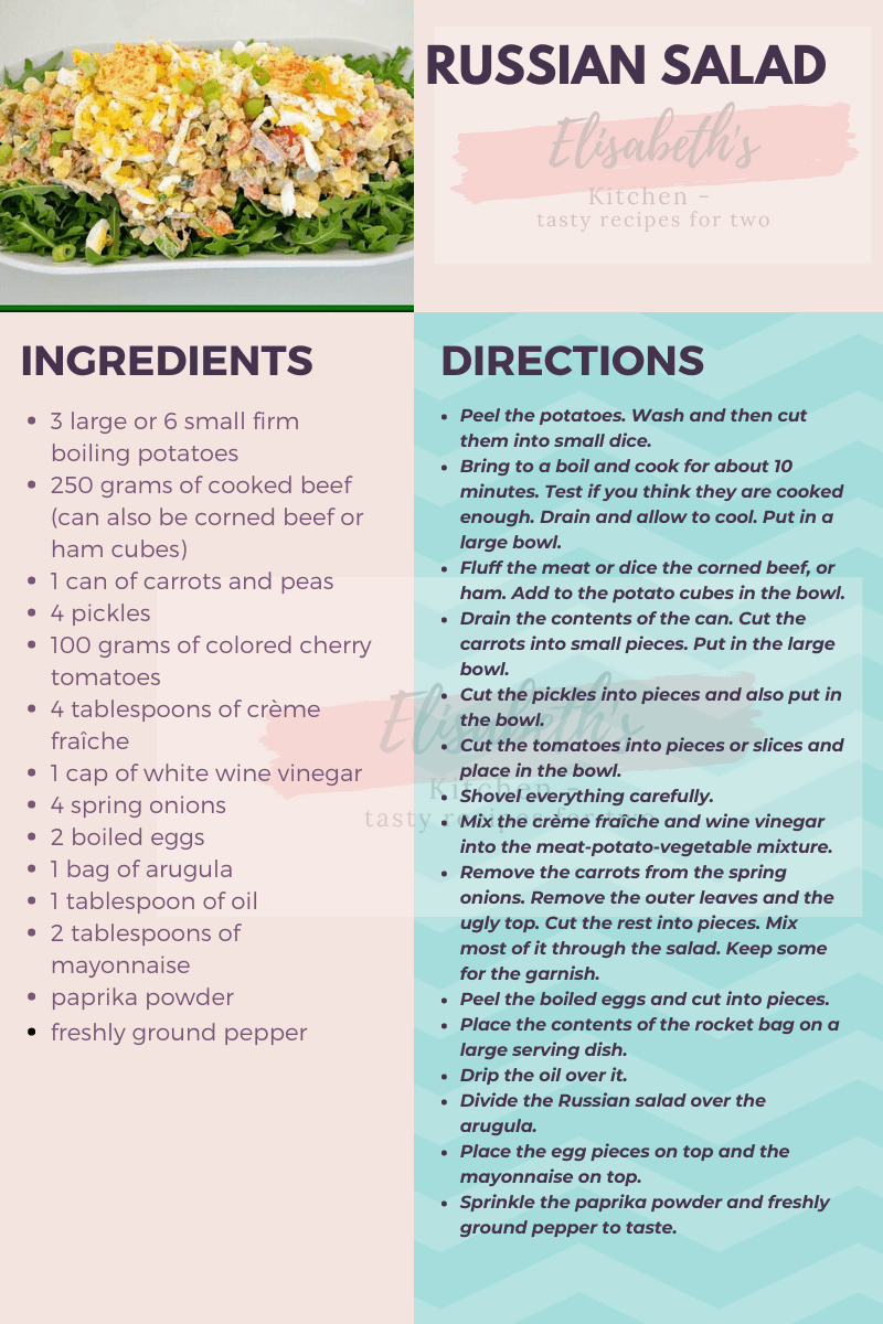 Russisch salade recept met ingrediënten en bereidingswijze. De salade wordt in een kom geserveerd.