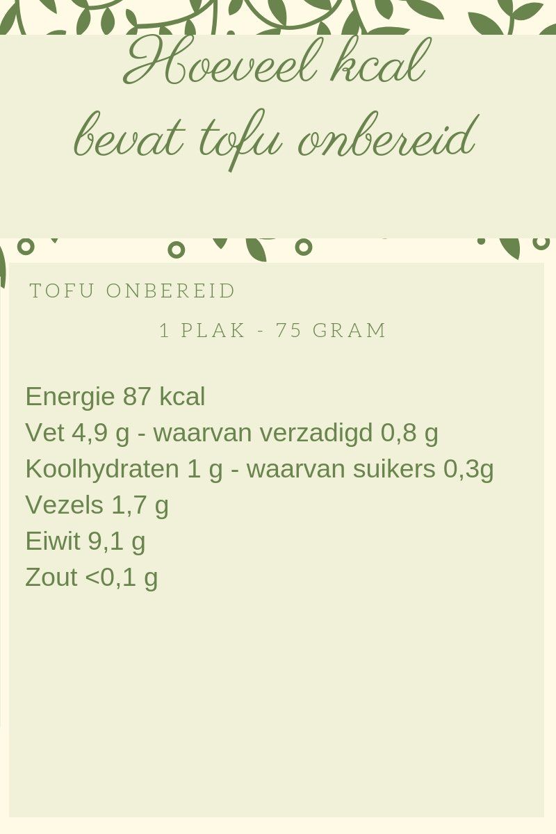 Voedingsinformatie voor onbewerkte tofu: 87 kcal per 75 g, met details over vet, koolhydraten, vezels, eiwitten en zout.