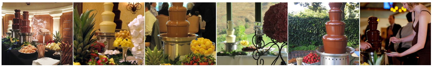 A collage of images shows a statue and flowers and chocolate fountains in a party setting