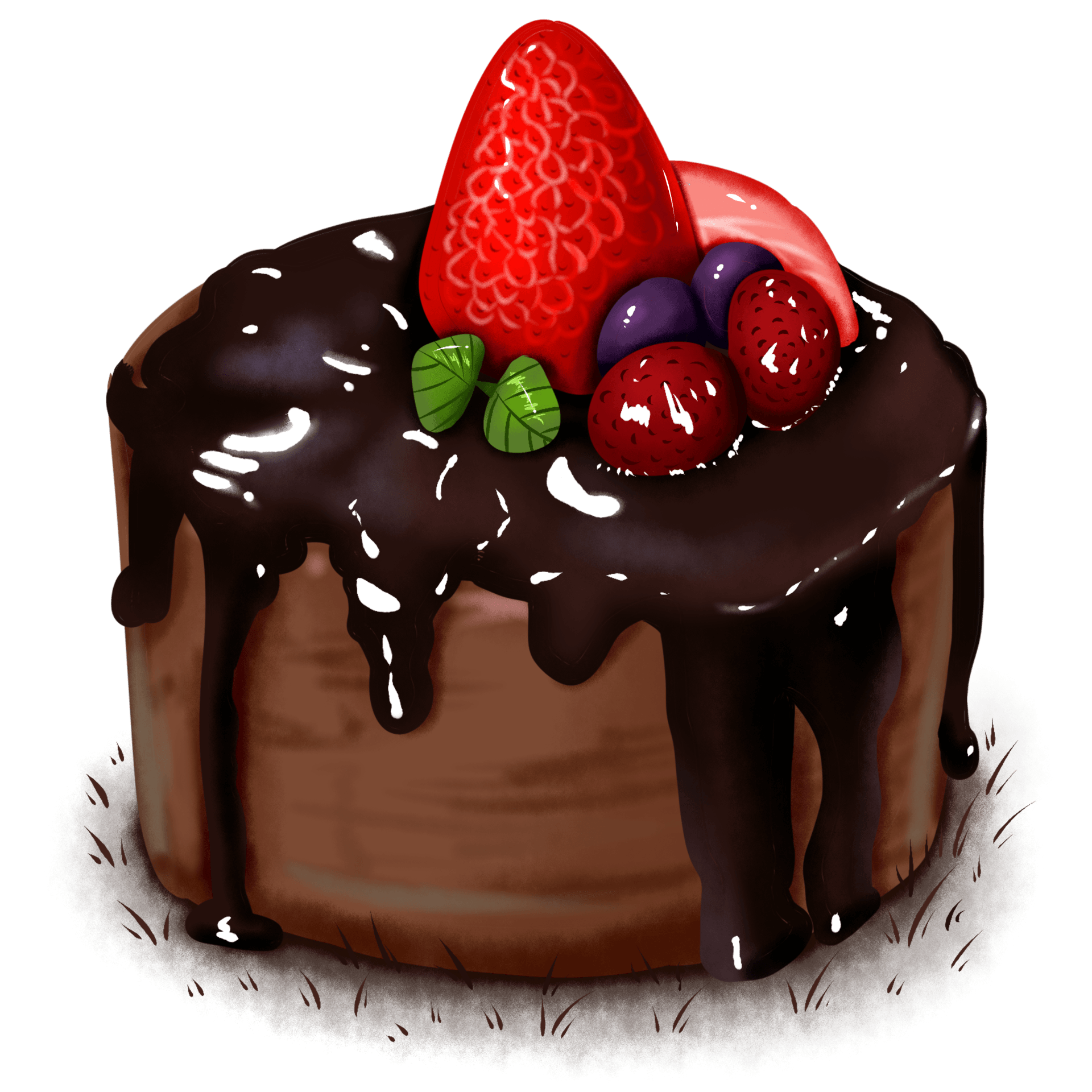Cake Inn Step 1 A chocolate cake with strawberries and raspberries on top