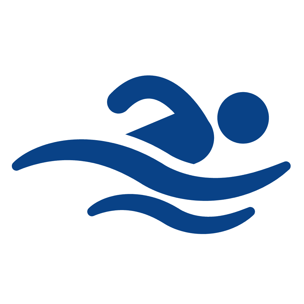 A blue swimming icon on a white background.