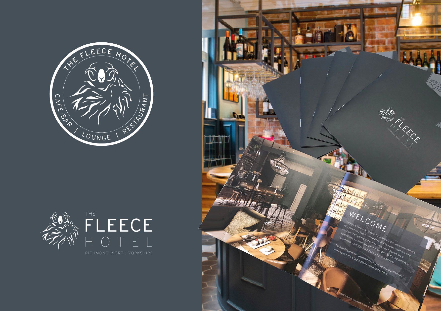 A logo for the fleece hotel is on a blue background next to a picture of a restaurant.