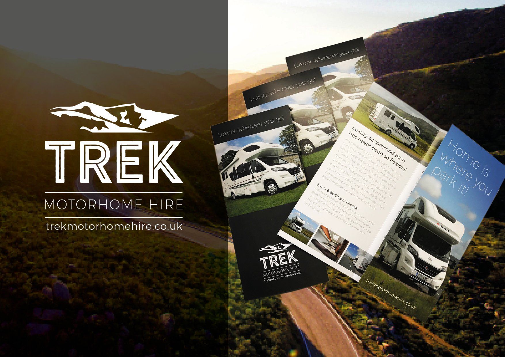 A brochure for trek motorhome hire with a mountain in the background