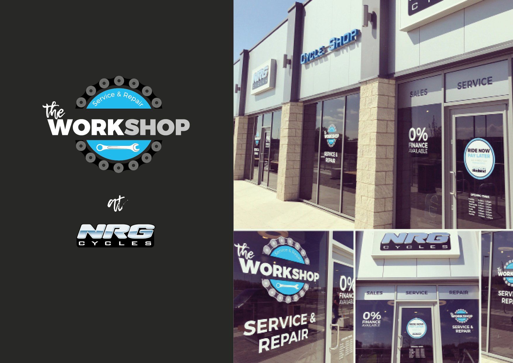A collage of photos of a bicycle shop called the workshop