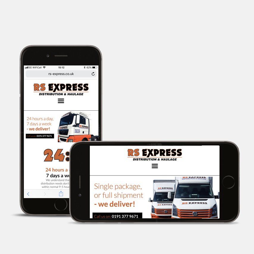 Two phones are displaying a website for rs express.