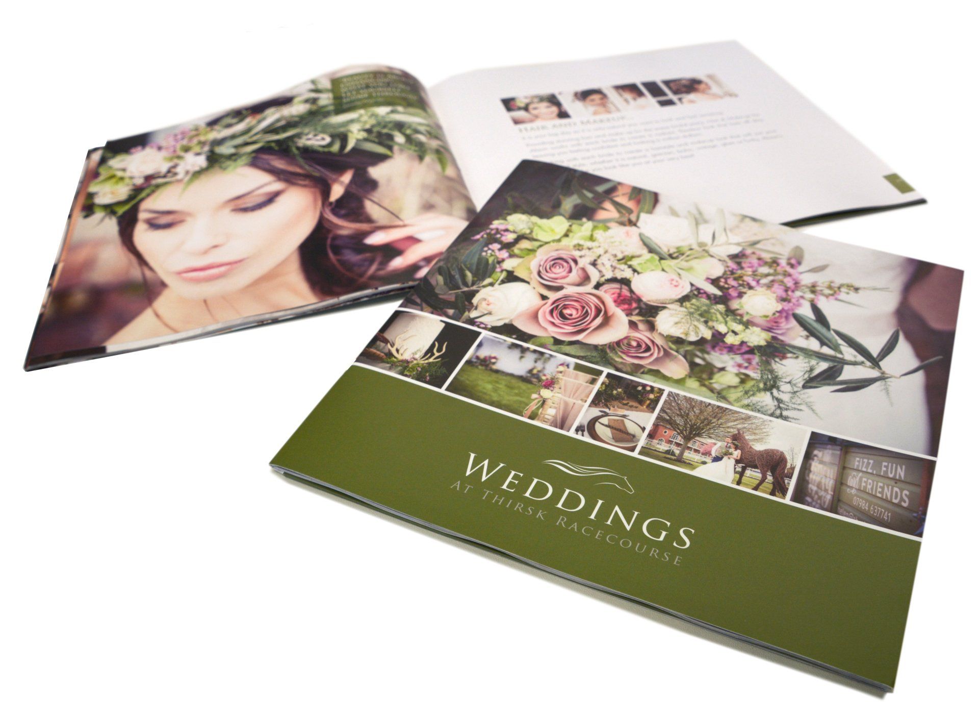 A wedding brochure with a picture of a bride and a bouquet of flowers.