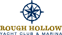 Logo for Rough Hollow Yacht Club & Marina, featuring a dark blue compass rose above gold and blue text.