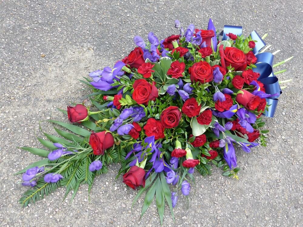 36. Spray with deep red Roses, Dianthus, blue Aconitum and Iris