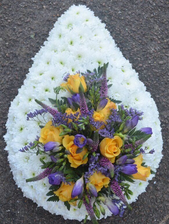14. White Teardrop with yellow Roses, lilac Freesias and Veronicas