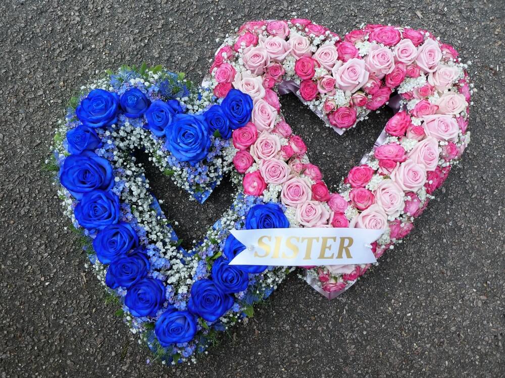 3.  Twin Heart – one in blue with blue Roses and Forget Me Knots and the other in pink Rosebuds with ribbon sash