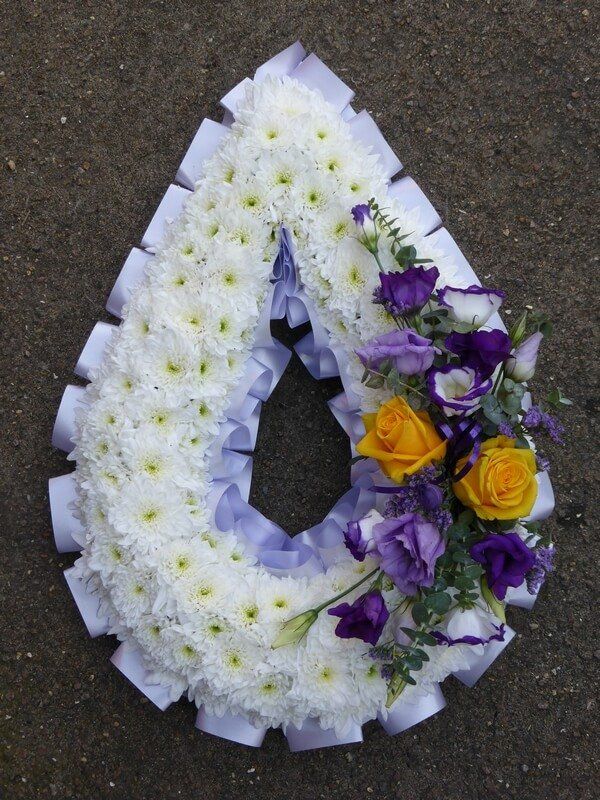 11. Teardrop in white with lilac ribbon edging, posy of purple Lisianthus and yellow Roses