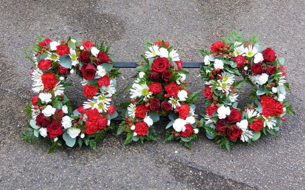 8.  Loose set DAD with red Roses, Berries. Dianthus in red and white