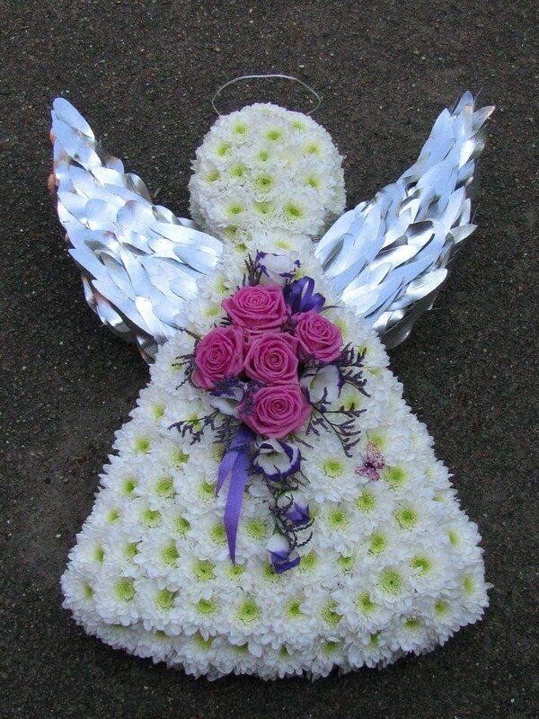 50. Beautiful 3ft Angel with halo, silver wings, white body and posy of Roses