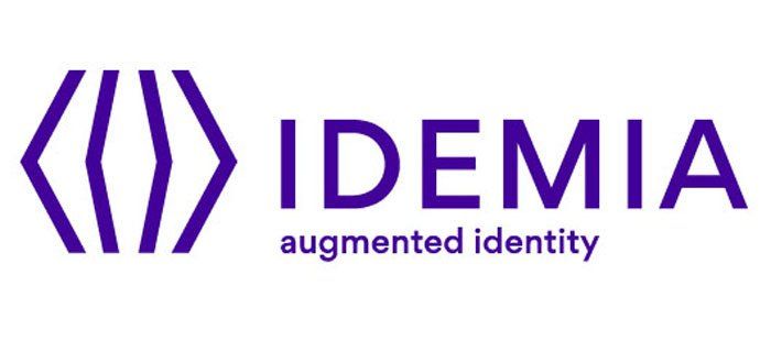 IDEMIA logo with a purple geometric shape and text 