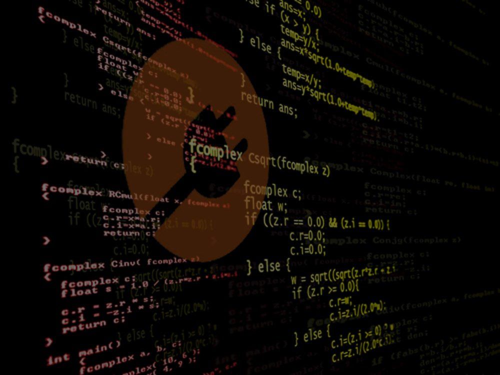 Orange Ubuntu logo overlaid on computer code, dark background.