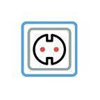 European electrical outlet, black and white, with two red holes, framed by blue and gray.