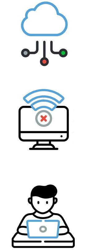 Cloud with connections, computer with wifi signal and cross, person working on laptop.