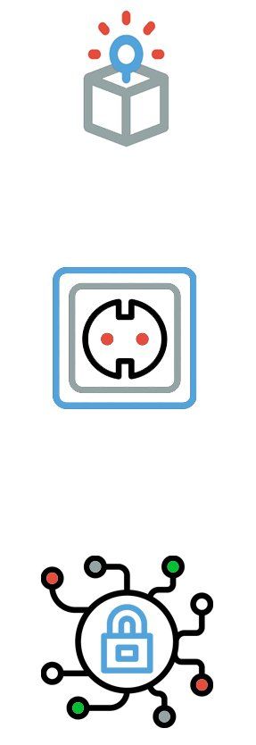 Icons: Lightbulb above a box, outlet, and network security lock.
