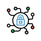 A digital network with a lock icon at its center, representing cybersecurity.