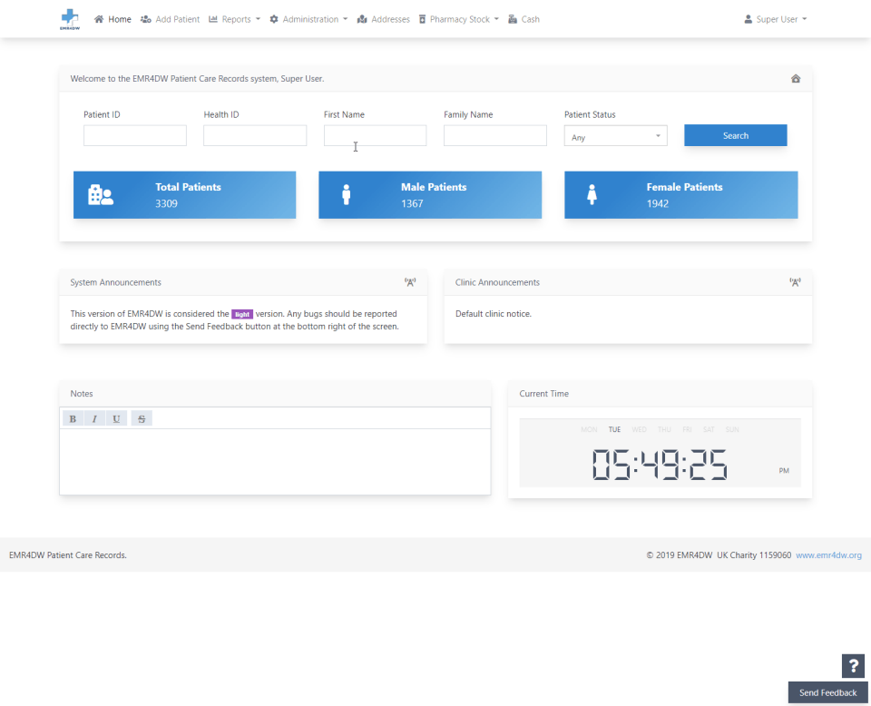 Webpage with input fields for name, gender, status, and total, male, female counts; digital clock shows time.