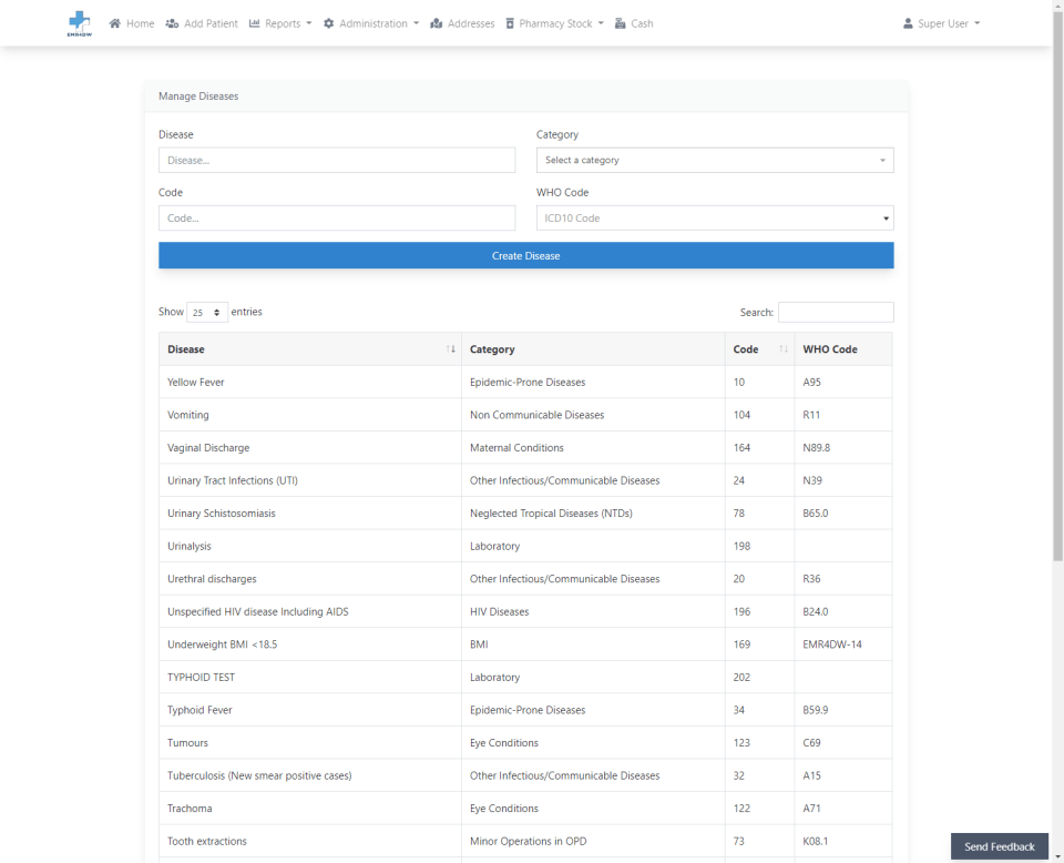 A webpage showing a table of medical conditions with categories and codes. A blue 