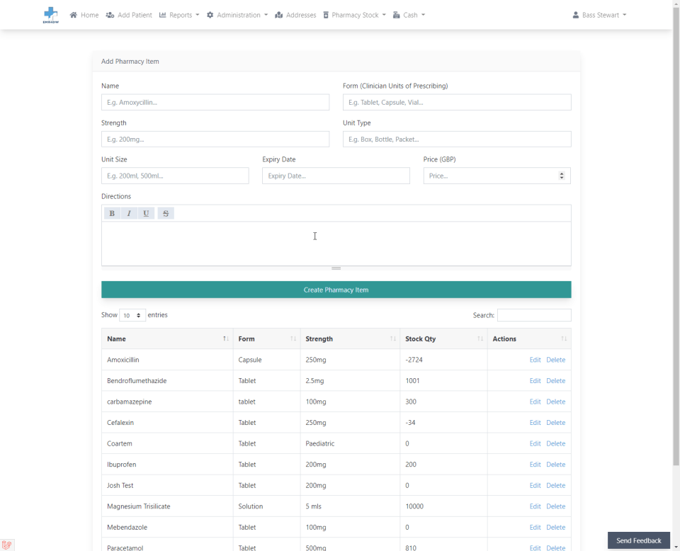 Form for a medication with dosage information and a table of related medications.