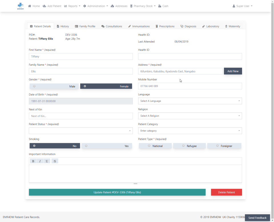Screenshot of patient data entry screen in medical software; white background with text fields and buttons.