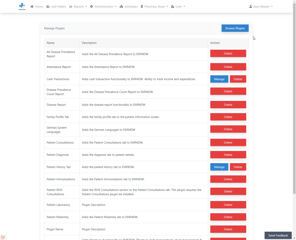 List of reports in a web application interface, with buttons for actions.
