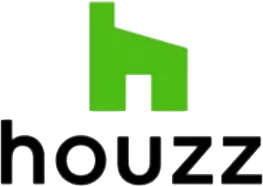 Houzz logo with a green house icon above black lowercase text
