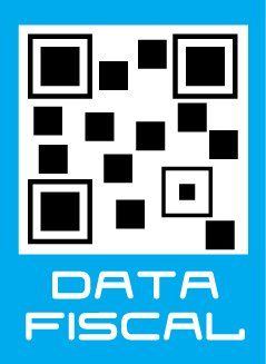 Un logotipo azul y blanco para datos fiscales con un código QR