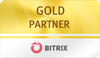 Una insignia de socio dorado para Bitrix sobre un fondo blanco.