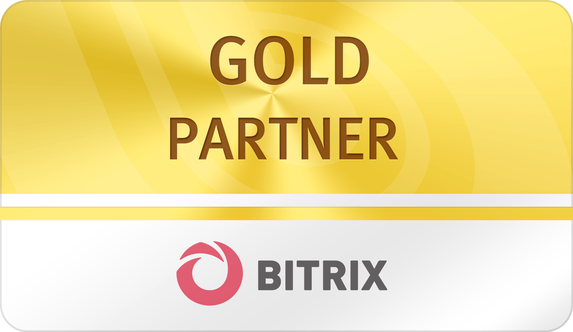 Una insignia de socio dorado para Bitrix sobre un fondo blanco.