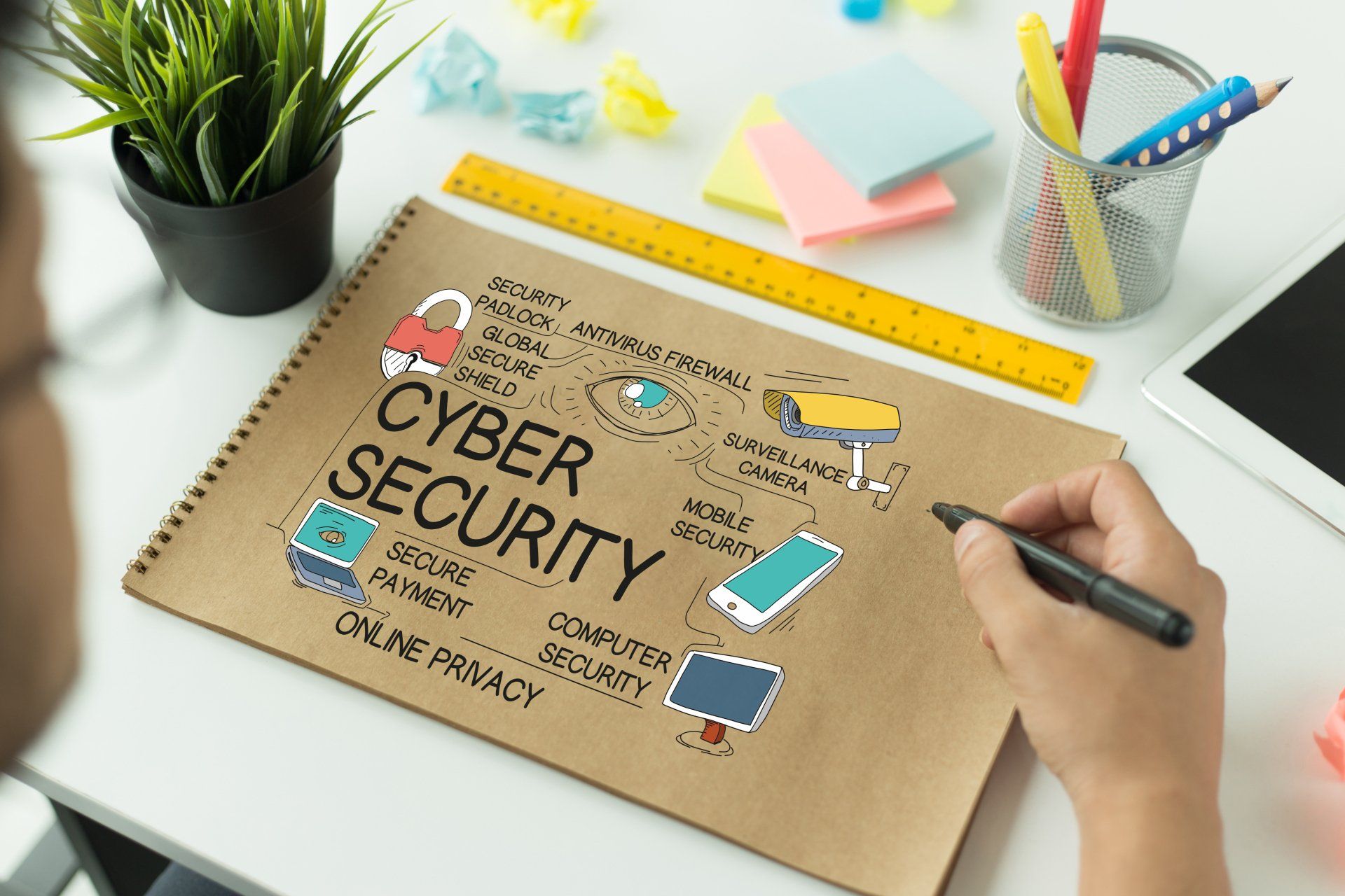 A person is writing on a piece of paper that says cyber security