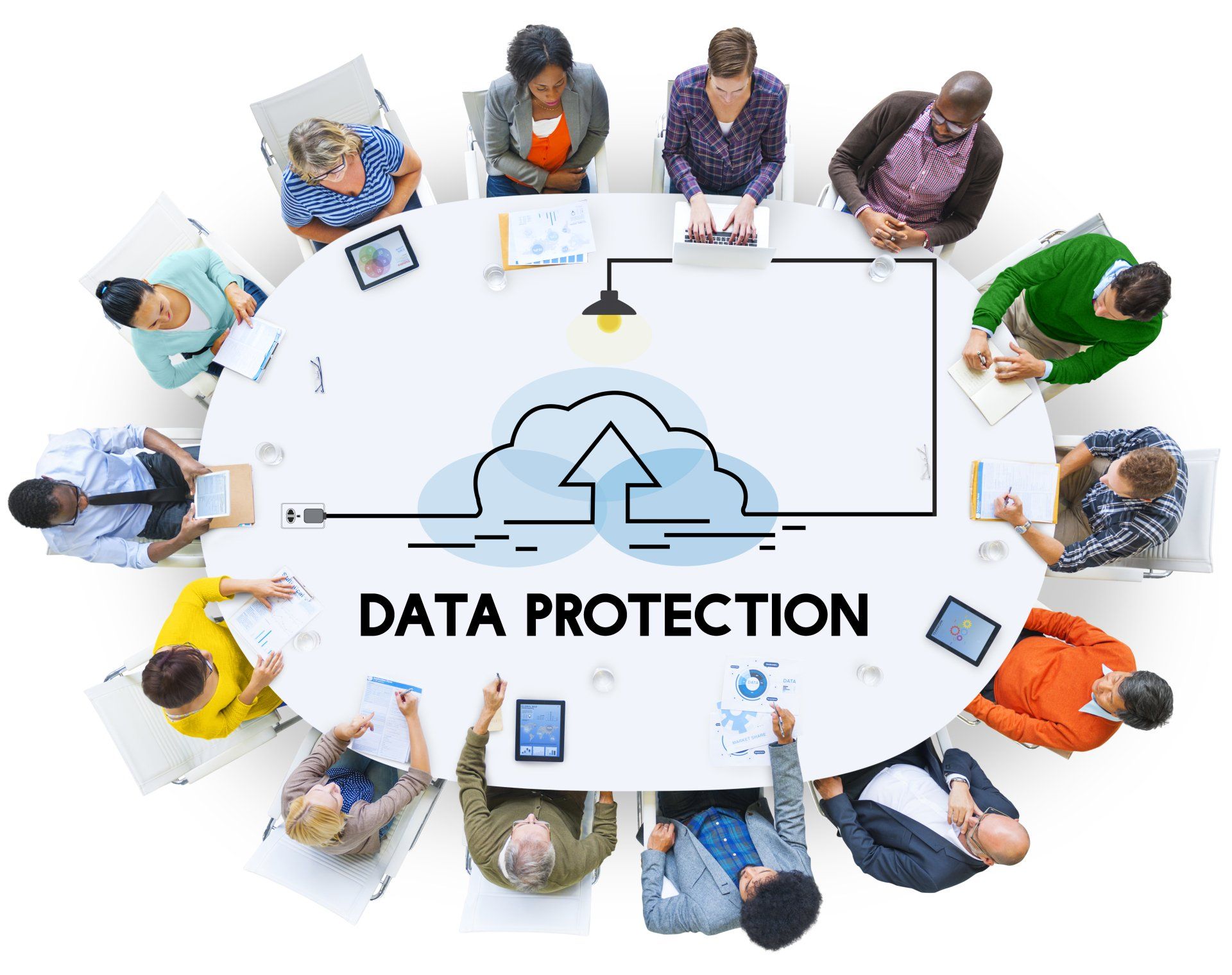 A group of people are sitting around a table with the word data protection on it