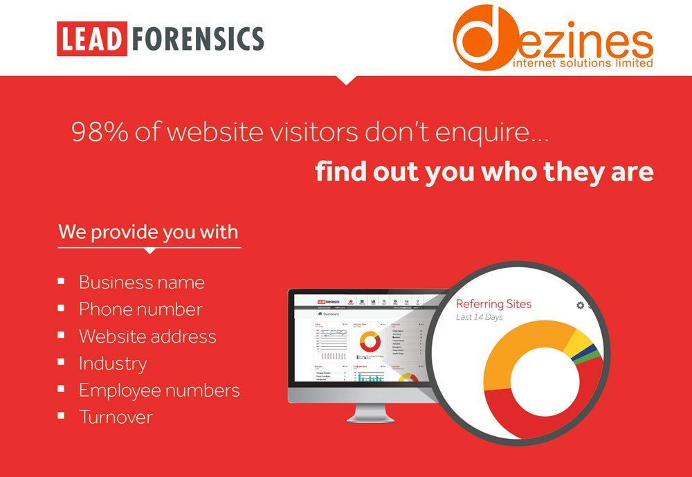 An advertisement for lead forensics shows a computer and a pie chart