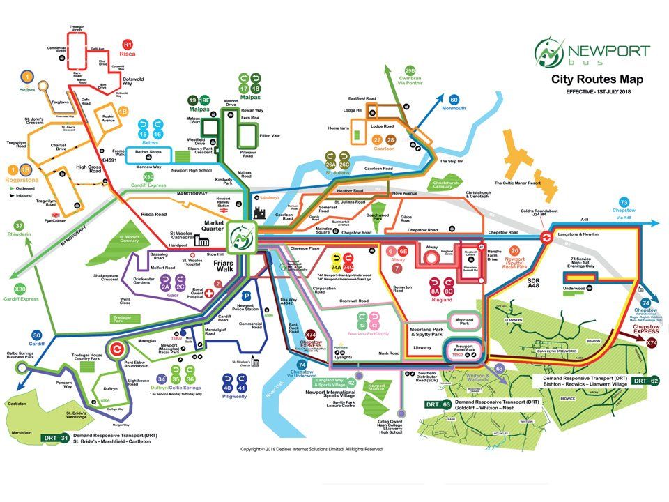 A bus route map of the city of newport is shown