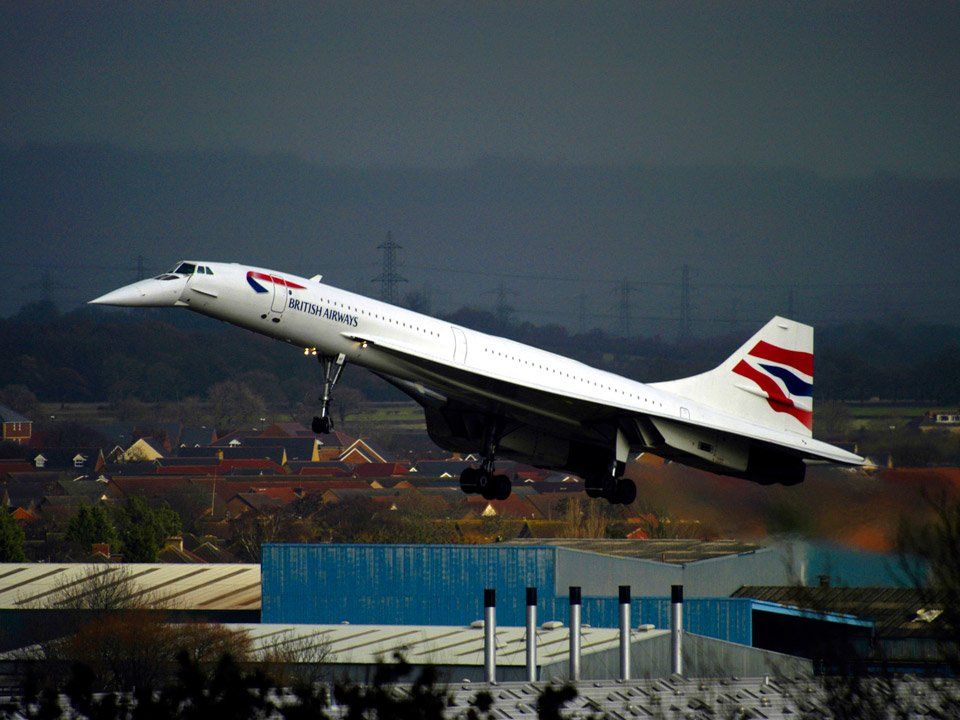 A british airways concorde is on final approach to Filton, Bristol