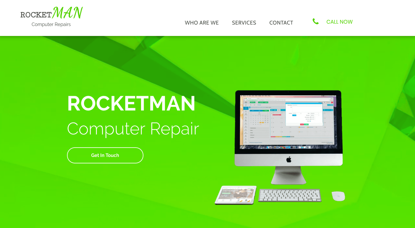 A rocketman computer repair website shows a computer on a green background.