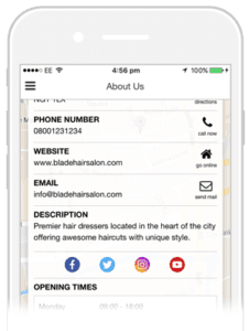 A phone screen shows information about a hair salon
