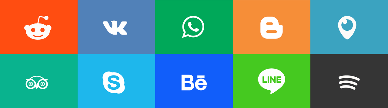 A set of social media icons on a colorful background.