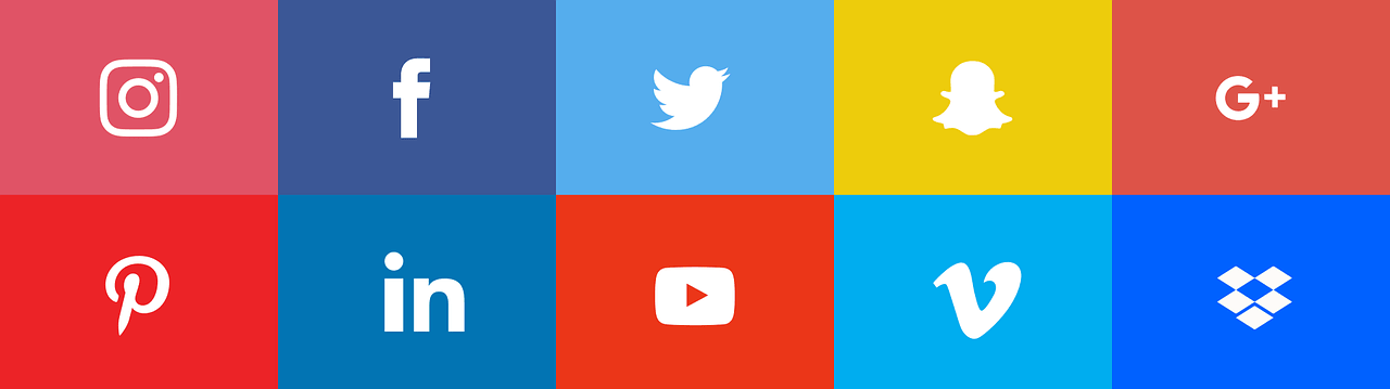 A set of social media icons on a colorful background.