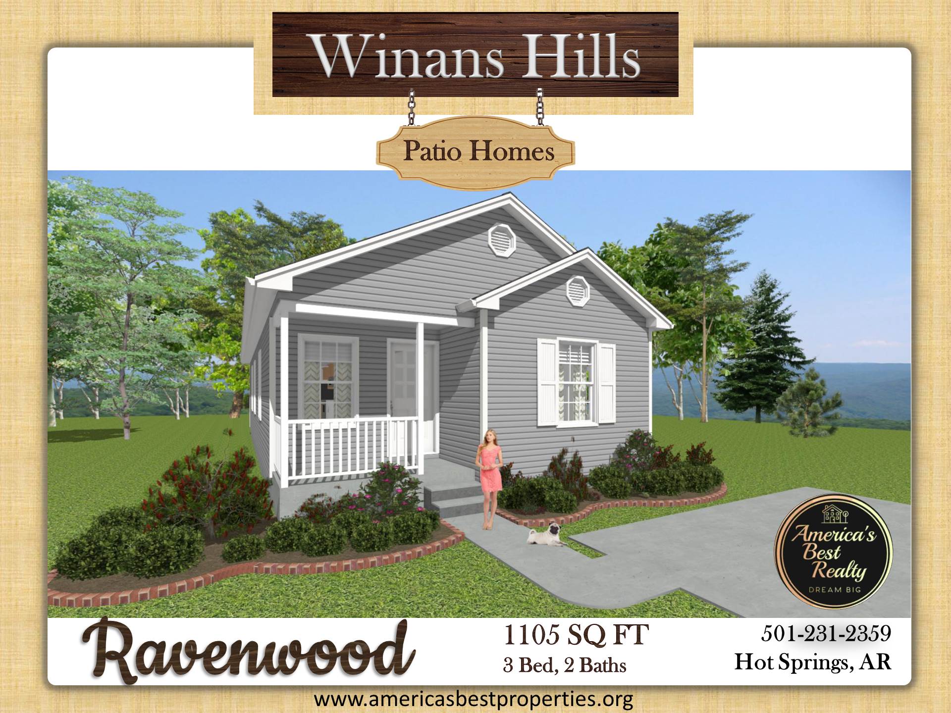 Rendering of a gray house with a porch, labeled 
