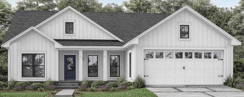 White farmhouse with black roof and blue door.